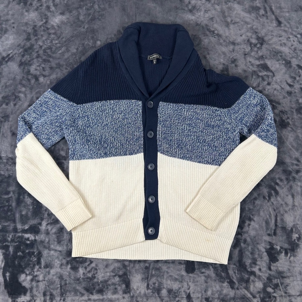 Express Cardigan Sweater Mens XL Blue Colorblock Shawl Collar Button Front